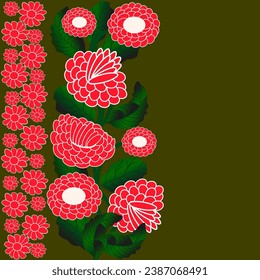 Auf dunklem Hintergrund ist ein Ornament von schönen roten Blumen mit einem weißen Rand.