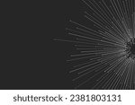 On a dark background, a white circular explosion composed of random vector rays with editable strokes and small circles emanates from a sphere in motion, resembling high-speed lines flying outwards