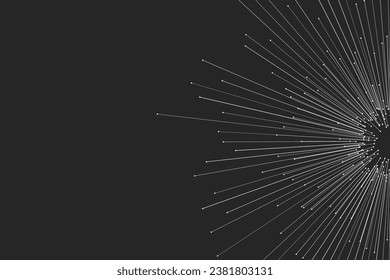 On a dark background, a white circular explosion composed of random vector rays with editable strokes and small circles emanates from a sphere in motion, resembling high-speed lines flying outwards