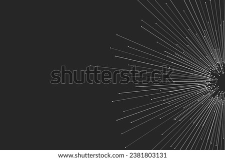 On a dark background, a white circular explosion composed of random vector rays with editable strokes and small circles emanates from a sphere in motion, resembling high-speed lines flying outwards Foto stock © 