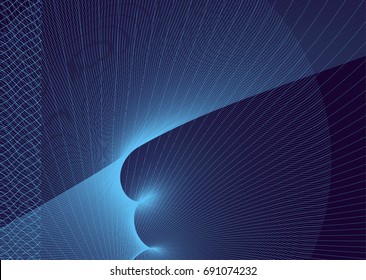 On a dark blue background a bright white and light blue pattern from lines, circles, loops