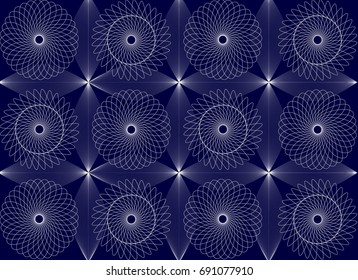 On a dark blue background a bright white and light blue pattern from lines, circles, loops