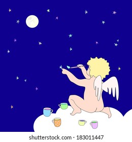 On dark blue background funny little angel sit on cloud and paint multicolor stars.  Near on cloud are many cups with colored fluids. Around are moon and many multicolored stars. 
