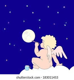 On dark blue background funny little angel sit on cloud and blowing soap-bubble that look like moon. On cloud stands cup with colored fluid. Around are many multicolored  small stars.