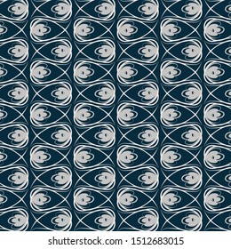 on a dark blue background gray silvery ornament of floral elements, endless Art Nouveau background, graceful flowing lines of decorative flowers and leaves
