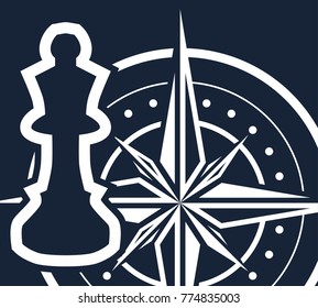 On a dark blue background a white chess piece and a compass. Simple pure vector illustration - concept of strategy, planning, making smart strategic decisions