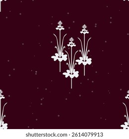 On a dark burgundy background, there are fantasy flowers in gray and white tones, creating a seamless vector pattern.