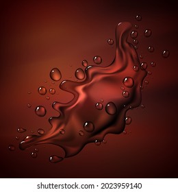 On a dark red background, splashes of water with drops. 