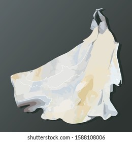 On a dark turquoise background,  is depicted a wedding dress by watercolor, in a vector. Which casts a shadow, from the light that falls on him.