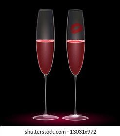 on a dark-red background are two glasses and a trace of lip