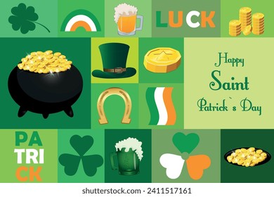 On the day of St. Patrick, a geometric pattern in the colors of the flag of Ireland. Mosaic vector background with national elements of Ireland. Vector illustration in the style of Neo Geo Art.