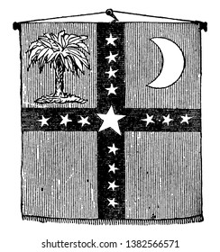 On the day that South Carolina proclaimed sovereignty, this verticle rectangle flag divide into four part with stars, upper left side has a tree and right side half moon, vintage line drawing
