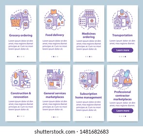 On demand economy onboarding mobile app page screen with linear concepts set. Commercial services industry walkthrough steps graphic instructions. UX, UI, GUI vector template with illustrations