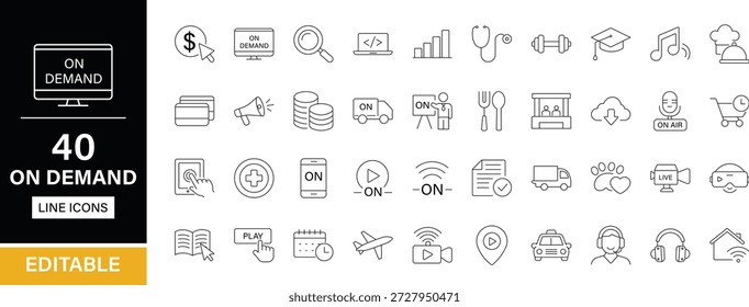 Pacote de ícones de linha editável sob demanda. Assinatura, streaming, táxi, coleção, negócio, interface, compras on-line, e-learning, reserva, ícones modernos e mais.