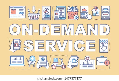 On demand service word concepts banner. Modern economy, e commerce presentation, website. Isolated lettering typography idea with linear icons. Vector outline illustration. Online business