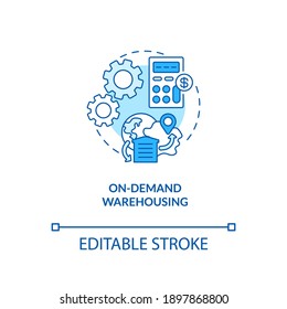 On Demand Warehousing Concept Icon. Ecommerce Warehouse Advices. Manage Across Your Network. Business Idea Thin Line Illustration. Vector Isolated Outline RGB Color Drawing. Editable Stroke