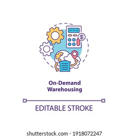 On Demand Warehousing Concept Icon. Ecommerce Warehouse Solutions. Control Across Your Network. Business Idea Thin Line Illustration. Vector Isolated Outline RGB Color Drawing. Editable Stroke