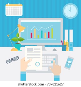On the desktop a computer with financial charts and graphs on the screen, a lamp, a pen. Hand holds a document. Work at the computer. Vector illustration business concept design.