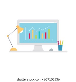 On the desktop a computer, a lamp, a pen. Financial charts and graphs on the computer monitor. Vector illustration