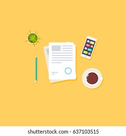 On the desktop a document, smartphone, pencil, coffee cup and cactus in a pot. Vector illustration business concept design.