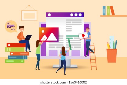 On the desktop, little men draw and create a landing page. On the table books, a computer, a Cup with pencils and pens. Illustration design website. 