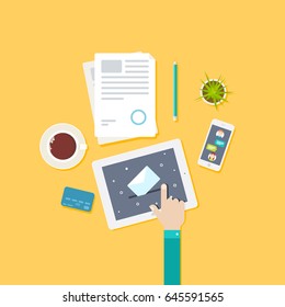 On the desktop a tablet with email symbol on the screen, document, smartphone, pencil, coffee cup and cactus in a pot. Vector illustration business concept design.
