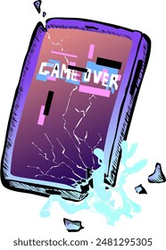 On the display of the smartphone there is a glitch effect and the inscription game over. Vector illustration the phone is broken and fragments fly to the sides. At the same time a sheaf of electric