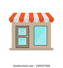 On the door of the store hangs a sign open, e-Commerce 