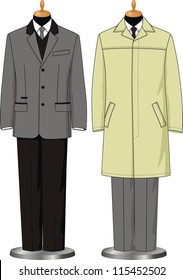 On dummies the suit and a raincoat for men are dressed
