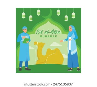 On the Eid al-Adha holiday, a woman sacrifices a camel. The sacrificial animal is then handed over to the sacrificial committee. Eid al-Adha concept. Flat vector illustration.