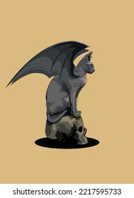 On the eve of Halloween, a sphinx cat named Tokyo turned into a flying vampire gargoyle and sat down to rest on a skull