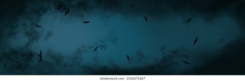 En la víspera de la tormenta. Fondo con gaviotas volando en el cielo azul oscuro del trueno. El clima tormentoso con nubes realistas negras y una imagen vectorial lateral larga.