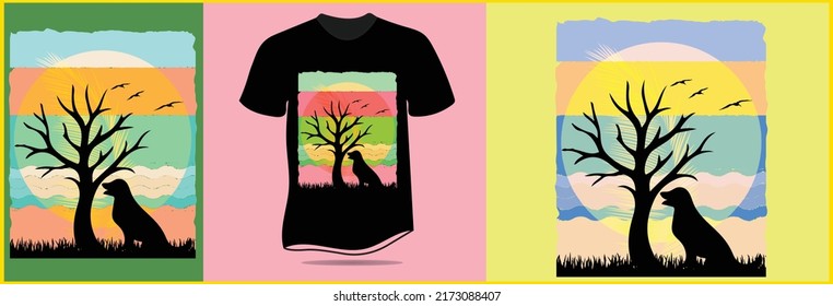On an evening a dog was sadly sitting on the grass under a leafless tree and birds were flying in the sky returning to their home in the summer evening. A beautiful landscape to be used for t-shirts.