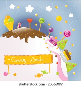  on a fantastic planet there is candy land, just for kids. Vector illustration with a nice banner