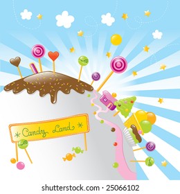  on a fantastic planet there is candy land, just for kids. Vector illustration with a nice banner