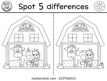 On the farm black and white find differences game for children. Educational line activity with cute barn house with girl milking cow. Rural country puzzle with funny shed or coloring page
