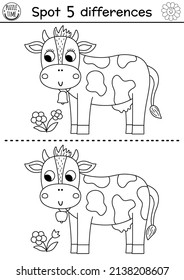 On the farm black and white find differences game for children. Educational line activity with cute cow and flower. Rural country puzzle with funny farm animal. Attention skills coloring page
