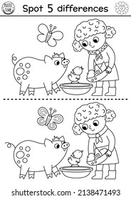 On the farm black and white find differences game for children. Educational line activity with cute girl feeding pig. Rural country puzzle with funny animals and farmer. Attention skills coloring page