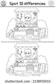 On the farm black and white find differences game for children. Educational line activity with cute market vendor selling fruit in the stall. Rural country puzzle. Attention skills coloring page
