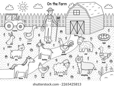 On the farm black and white poster with cute animals and their names. Educational coloring page for kids. Set with cow, pig, sheep, horse, donkey, hen and other characters. Vector illustration