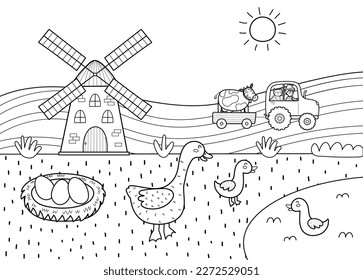 On the farm black and white poster with a cute goose and her baby goslings. Windmill, tractor, a pond on a green meadow for coloring book. Vector illustration