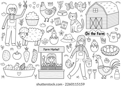 On the farm black and white set with cute animals and kids farmers. Countryside life elements in cartoon style for coloring page. Sheep shearing, farm market, hen and others. Vector illustration