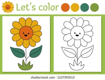 On the farm coloring page for children with sunflower. Vector rural country outline illustration with cute sun flower. Color book for kids with colored example. Drawing skills printable worksheet
