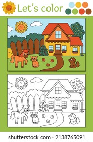 On the farm coloring page for children with rural country landscape. Vector outline illustration with country house. Color book for kids with colored example. Drawing skills printable worksheet
