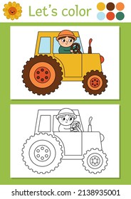 On the farm coloring page for children with farmer driving tractor. Vector rural country outline illustration. Color book for kids with colored example. Drawing skills printable worksheet
