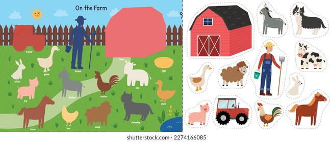 On the farm cut and glue game with cute animals and their names. Educational activity page for kids. Matching game with farm characters. Vector illustration