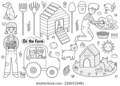 On the farm cute set with animals and kids farmers in black and white. Countryside life elements collection in cartoon style for coloring page. Boy and cat on a tractor and other. Vector illustration