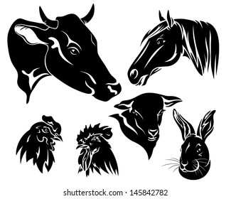 on the farm design set - black and white animals heads