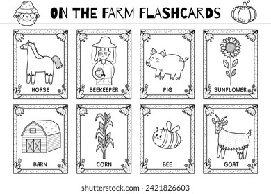 On the farm flashcards black and white collection. Flash cards for coloring in outline. Learn farm vocabulary for school and preschool. Vector illustration