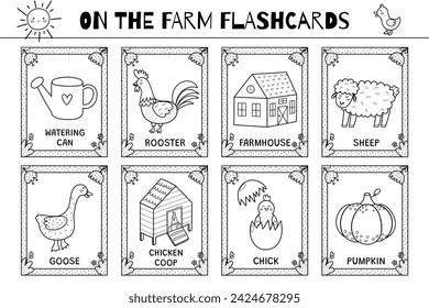 On the farm flashcards black and white collection. Flash cards for coloring in outline. Learn farm vocabulary for school and preschool. Vector illustration